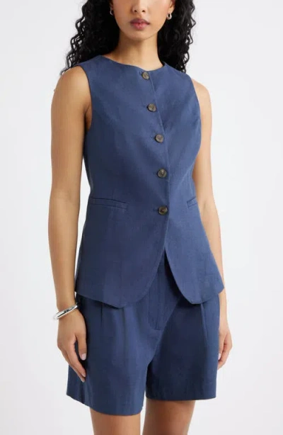 Open Edit Linen Blend Vest In Blue