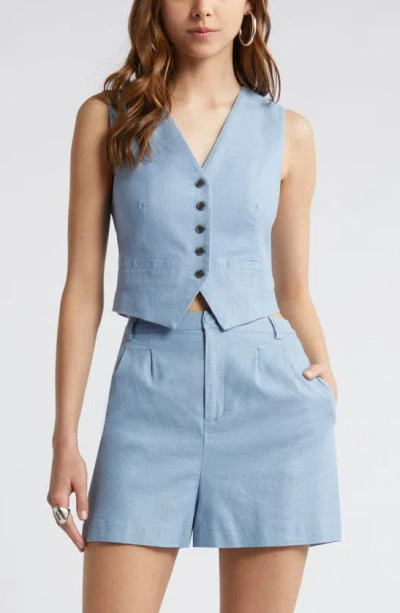 Open Edit Linen Blend Vest In Blue Chambray