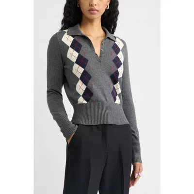 Open Edit Long Sleeve Polo Sweater In Gray