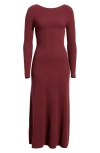 Open Edit Long Sleeve Rib Maxi Dress In Burgundy