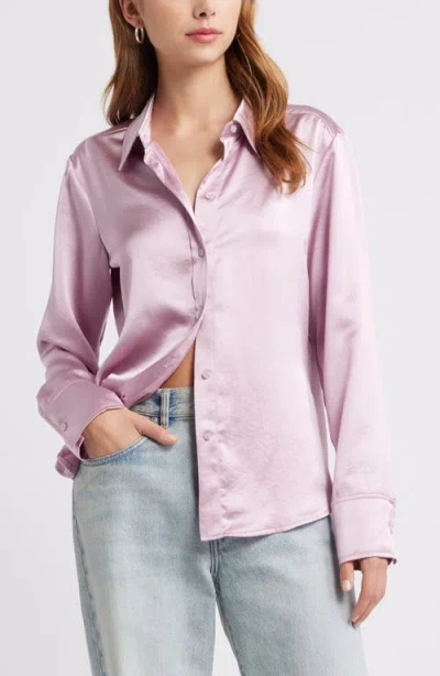 Open Edit Long Sleeve Satin Button-up Shirt In Purple Dawn