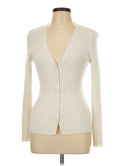 Pre-owned Open Edit Long Sleeve Top Ivory Plunge Neckline Tops In White