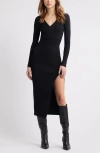 Open Edit Luxe Long Sleeve Sculpt Rib Faux-wrap Dress In Black