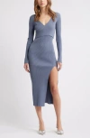 Open Edit Luxe Long Sleeve Sculpt Rib Faux-wrap Dress In Grey Folkstone