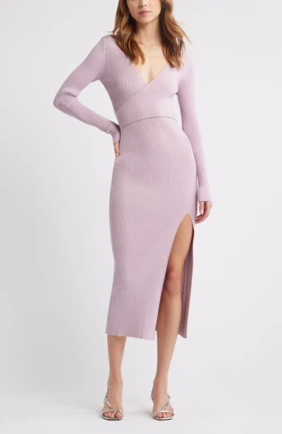 Open Edit Luxe Long Sleeve Sculpt Rib Faux-wrap Dress In Purple Dawn