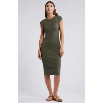 Open Edit Luxe Rib Cap Sleeve Dress In Olive Sarma