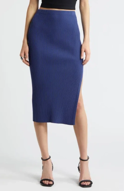 Open Edit Luxe Sculpt Rib Midi Skirt In Blue Cobalt