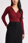 Open Edit Luxe Sculpt Rib Polo Sweater In Red Grape