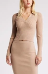 Open Edit Luxe Sculpt Rib Polo Sweater In Tan Natural