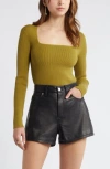 Open Edit Luxe Sculpt Square Neck Rib Sweater In Olive Eyes