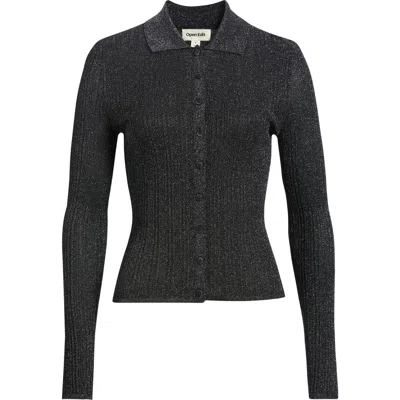 Open Edit Metallic Collared Cardigan In Black- Silver