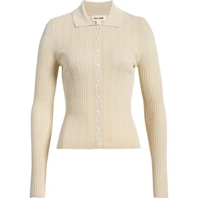 Open Edit Metallic Collared Cardigan In Ivory- Gold