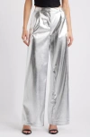 Open Edit Metallic Faux Leather Pants In Silver Metallic