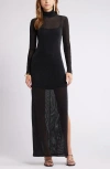 Open Edit Metallic Long Sleeve Stretch Mesh Maxi Dress In Black-silver