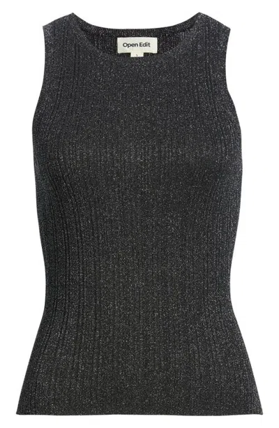 Open Edit Metallic Ribbed Sweater Tank In Black- Silver