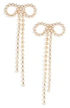 Open Edit Micro Faux Pearl Bow Drop Earrings In White- Gold