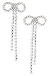 Open Edit Micro Faux Pearl Bow Drop Earrings In White- Hematite