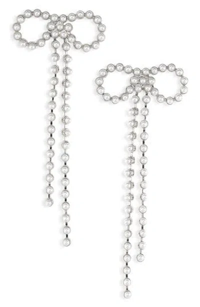 Open Edit Micro Faux Pearl Bow Drop Earrings In White- Hematite