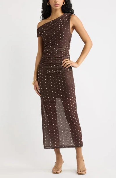 Open Edit Off The Shoulder Dot Mesh Midi Dress In Brown