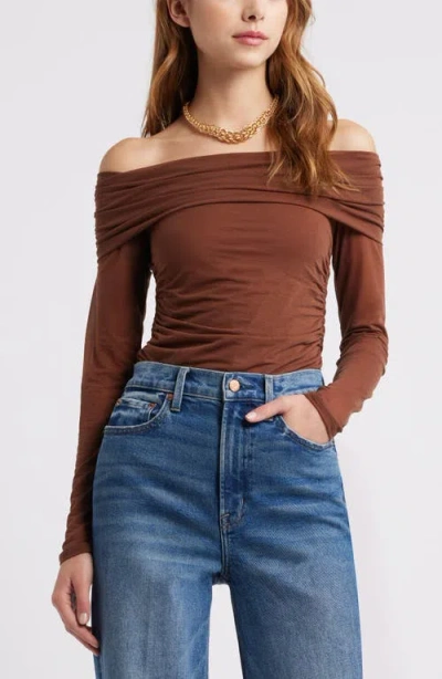 Open Edit Off The Shoulder Knit Top In Brown Soil