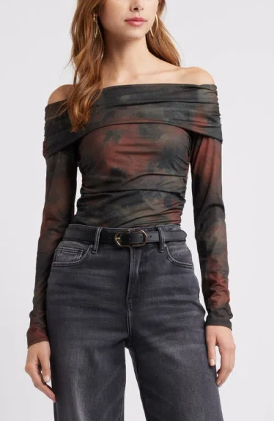 Open Edit Off The Shoulder Knit Top In Olive- Rust Mineralized Print