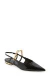 Open Edit Olympia Snakeskin Embossed Slingback Flat In Black Croco