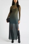 Open Edit Ombré Long Sleeve Mesh Maxi Dress In Olive Multi Ombre