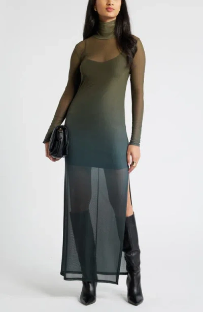 Open Edit Ombré Long Sleeve Mesh Maxi Dress In Olive Multi Ombre