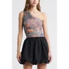 Open Edit One-shoulder Mesh Top In Grey- Pink Agate Print