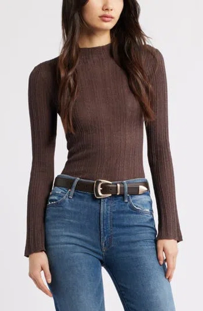 Open Edit Open Stitch Linen Blend Mock Neck Sweater In Brown