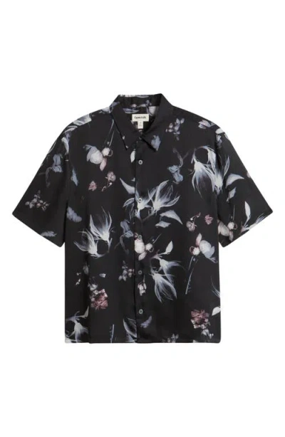 Open Edit Oversize Floral Short Sleeve Silk Button-up Shirt In Black