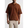 Open Edit Oversize Texture Short Sleeve Button-up Shirt In Brown Tiramisu