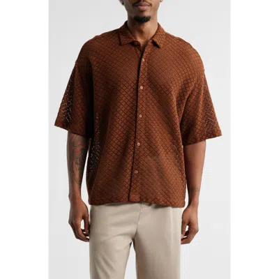 Open Edit Oversize Texture Short Sleeve Button-up Shirt In Brown Tiramisu