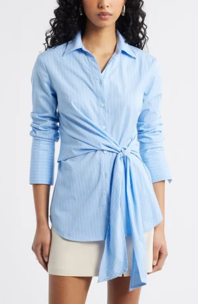 Open Edit Pinstripe Button-up Tie Waist Poplin Top In Blue