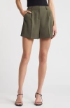 Open Edit Pleated High Waist Trouser Shorts In Green City