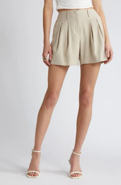 Open Edit Pleated High Waist Trouser Shorts In Tan Oxford