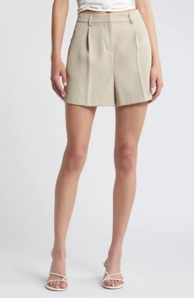 Open Edit Pleated High Waist Trouser Shorts In Tan Oxford