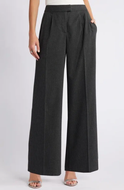 Open Edit Pleated Wide Leg Pants In Grey Dark Charcoal Stripe