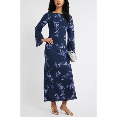 Open Edit Print Long Sleeve Drape Back Dress In Blue
