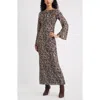 Open Edit Print Long Sleeve Drape Back Dress In Brown