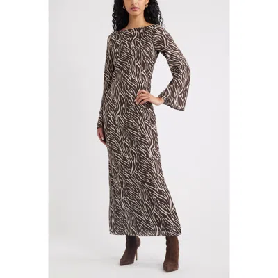 Open Edit Print Long Sleeve Drape Back Dress In Multi