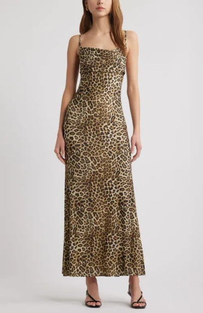 Open Edit Print Mesh Maxi Dress In Beige Goldrown Leopard