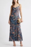 Open Edit Print Mesh Maxi Dress In Grey- Pink Agate Print
