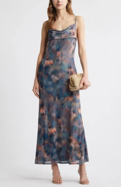 Open Edit Print Mesh Maxi Dress In Grey- Pink Agate Print