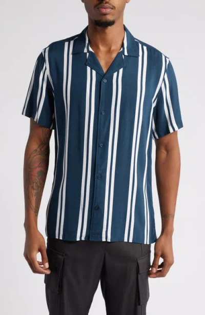 Open Edit Ray Stripe Camp Shirt In Navy Sky Ray Stripe