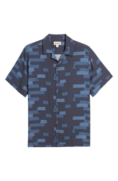 Open Edit Relax Geo Pattern Camp Shirt In Navy Ambient Stripe