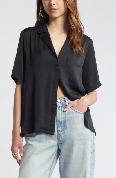 Open Edit Relaxed Satin Camp Shirt In Black