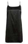 Open Edit Rhinestone Strap Satin Minidress In Black