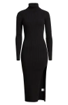 Open Edit Rib Long Sleeve Turtleneck Sweater Dress In Black