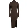 Open Edit Rib Long Sleeve Turtleneck Sweater Dress In Brown